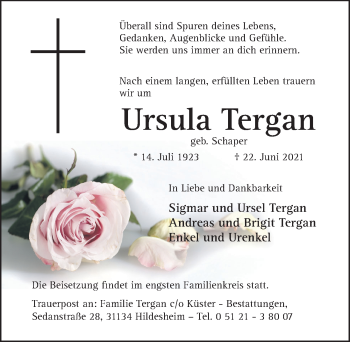 Traueranzeige von Ursula Tergan von Hildesheimer Allgemeine Zeitung