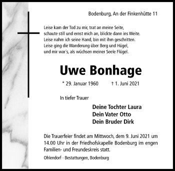Traueranzeige von Uwe Bonhage von Hildesheimer Allgemeine Zeitung