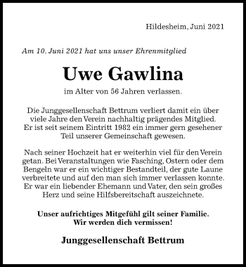 Traueranzeige von Uwe Gawlina von Hildesheimer Allgemeine Zeitung