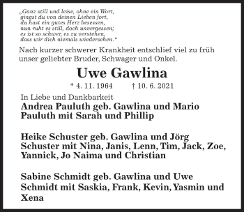 Traueranzeige von Uwe Gawlina von Hildesheimer Allgemeine Zeitung