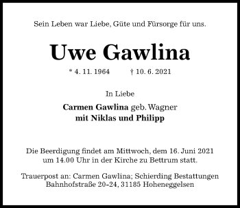 Traueranzeige von Uwe Gawlina von Hildesheimer Allgemeine Zeitung