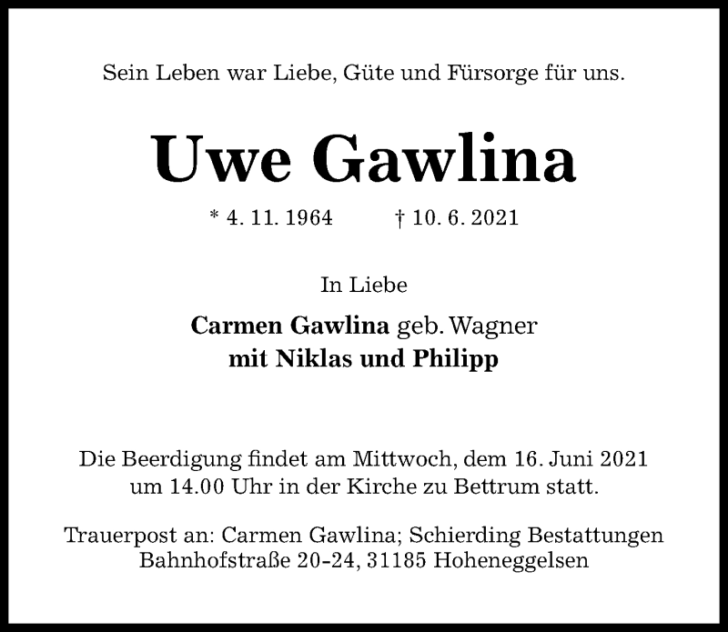  Traueranzeige für Uwe Gawlina vom 12.06.2021 aus Hildesheimer Allgemeine Zeitung