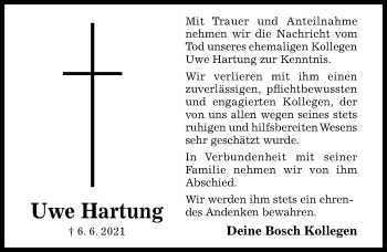 Traueranzeige von Uwe Hartung von Hildesheimer Allgemeine Zeitung
