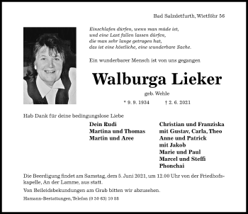 Traueranzeige von Walburga Lieker von Hildesheimer Allgemeine Zeitung