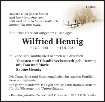 Traueranzeige von Wilfried Hennig von Hildesheimer Allgemeine Zeitung