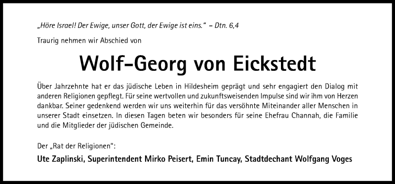  Traueranzeige für Wolf-Georg von Eickstedt vom 24.06.2021 aus Hildesheimer Allgemeine Zeitung