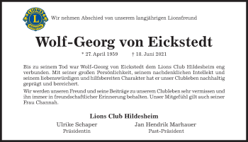 Traueranzeige von Wolf-Georg von Eickstedt von Hildesheimer Allgemeine Zeitung