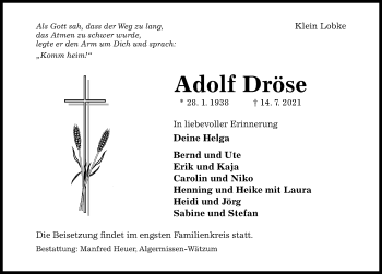 Traueranzeige von Adolf Dröse von Hildesheimer Allgemeine Zeitung