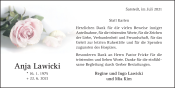 Traueranzeige von Anja Lawicki von Hildesheimer Allgemeine Zeitung