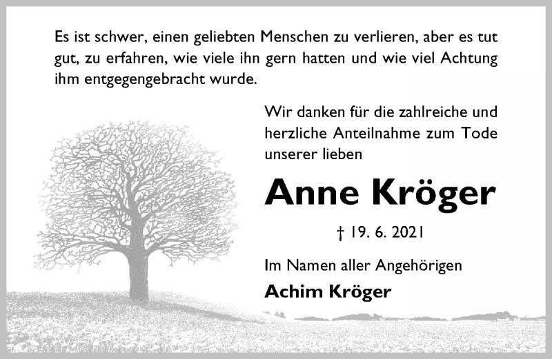  Traueranzeige für Anne Kröger vom 14.07.2021 aus Hildesheimer Allgemeine Zeitung