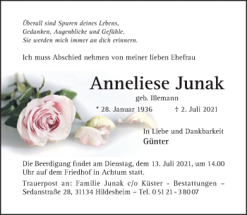 Traueranzeige von Anneliese Junak von Hildesheimer Allgemeine Zeitung