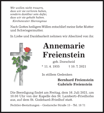 Traueranzeige von Annemarie Freienstein von Hildesheimer Allgemeine Zeitung