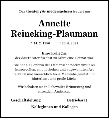 Traueranzeige von Annette Reineking-Plaumann von Hildesheimer Allgemeine Zeitung