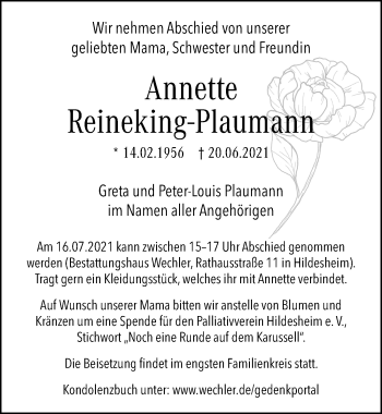 Traueranzeige von Annette Reineking-Plaumann von Hildesheimer Allgemeine Zeitung