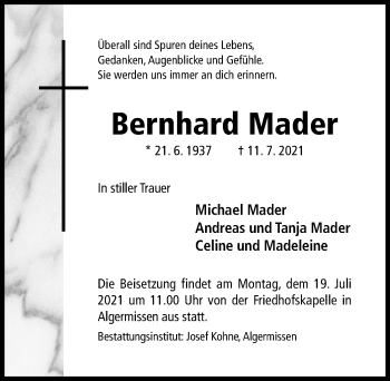 Traueranzeige von Bernhard Mader von Hildesheimer Allgemeine Zeitung