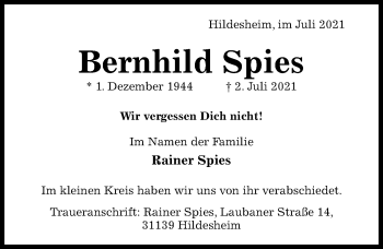 Traueranzeige von Bernhild Spies von Hildesheimer Allgemeine Zeitung