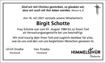Traueranzeige von Birgit Schotte von Hildesheimer Allgemeine Zeitung
