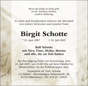 Traueranzeige von Birgit Schotte von Hildesheimer Allgemeine Zeitung