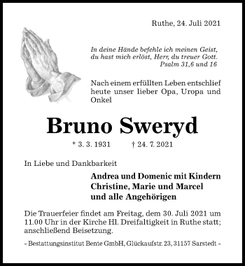 Traueranzeige von Bruno Sweryd von Hildesheimer Allgemeine Zeitung