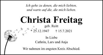 Traueranzeige von Christa Freitag von Hildesheimer Allgemeine Zeitung