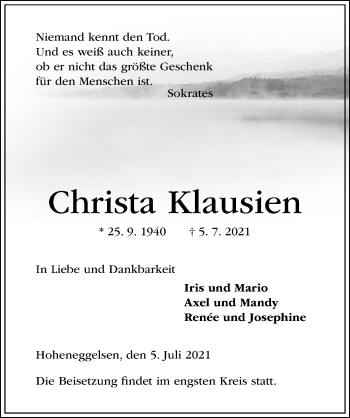 Traueranzeige von Christa Klausien von Hildesheimer Allgemeine Zeitung