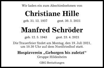 Traueranzeige von Christiane Hille von Hildesheimer Allgemeine Zeitung