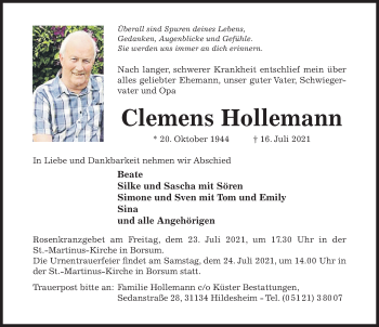 Traueranzeige von Clemens Hollemann von Hildesheimer Allgemeine Zeitung