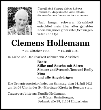Traueranzeige von Clemens Hollemann von Hildesheimer Allgemeine Zeitung