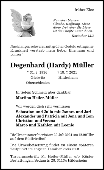 Traueranzeige von Degenhard Müller von Hildesheimer Allgemeine Zeitung