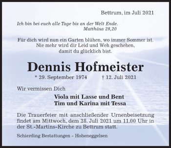 Traueranzeige von Dennis Hofmeister von Hildesheimer Allgemeine Zeitung