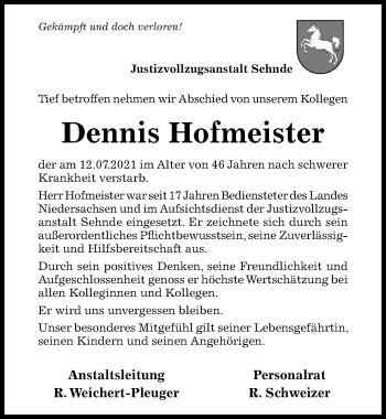 Traueranzeige von Dennis Hofmeister von Hildesheimer Allgemeine Zeitung