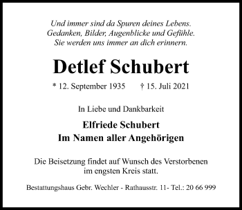 Traueranzeige von Detlef Schubert von Hildesheimer Allgemeine Zeitung