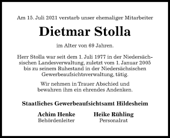 Traueranzeige von Dietmar Stolla von Hildesheimer Allgemeine Zeitung