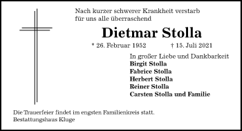Traueranzeige von Dietmar Stolla von Hildesheimer Allgemeine Zeitung