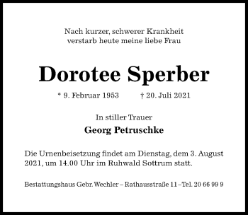 Traueranzeige von Dorntee Sperber von Hildesheimer Allgemeine Zeitung