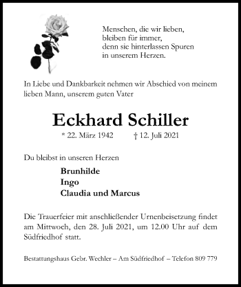 Traueranzeige von Eckhard Schiller von Hildesheimer Allgemeine Zeitung