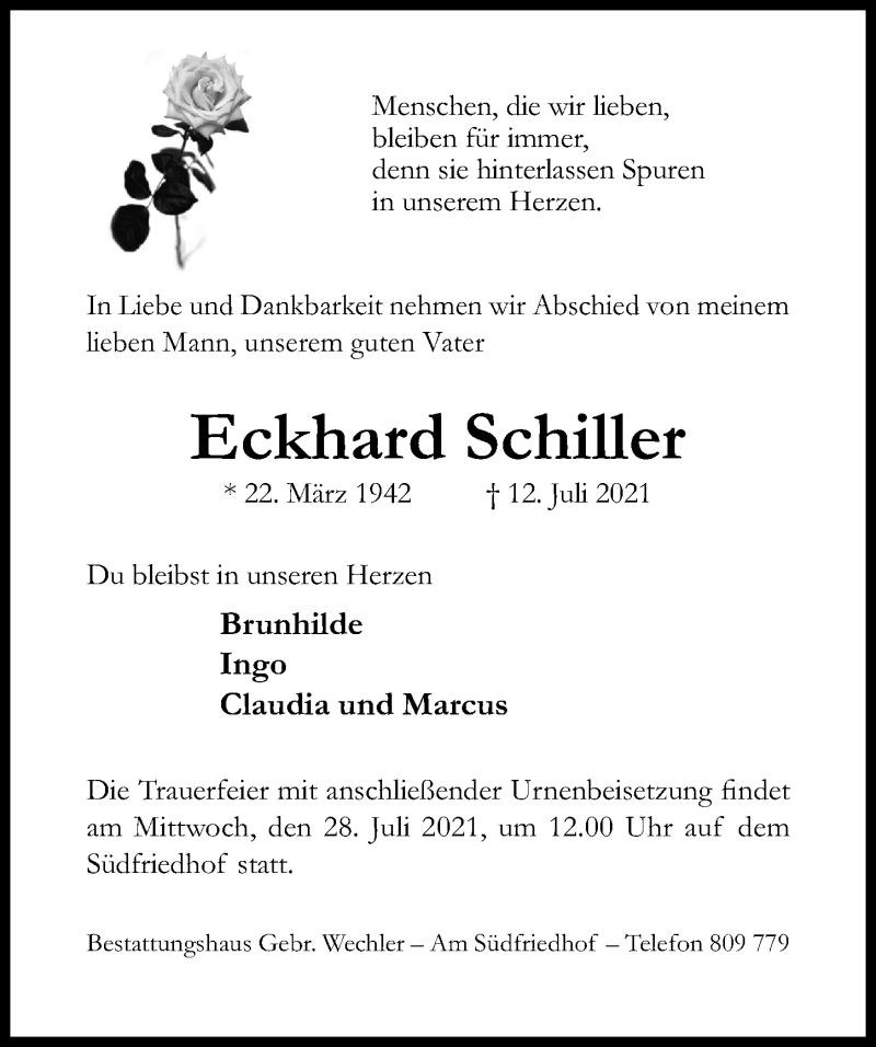  Traueranzeige für Eckhard Schiller vom 26.07.2021 aus Hildesheimer Allgemeine Zeitung