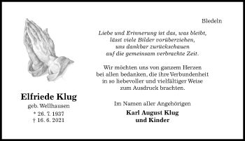 Traueranzeige von Elfriede Klug von Hildesheimer Allgemeine Zeitung