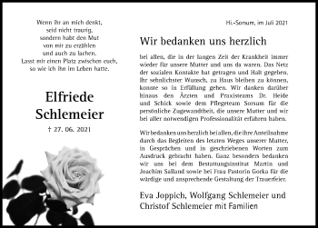 Traueranzeige von Elfriede Schlemeier von Hildesheimer Allgemeine Zeitung