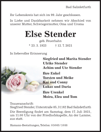 Traueranzeige von Else Stender von Hildesheimer Allgemeine Zeitung