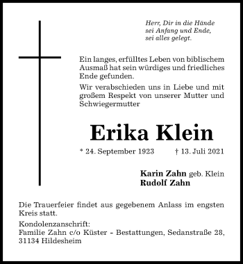 Traueranzeige von Erika Klein von Hildesheimer Allgemeine Zeitung