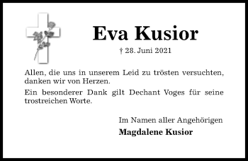 Traueranzeige von Eva Kusior von Hildesheimer Allgemeine Zeitung