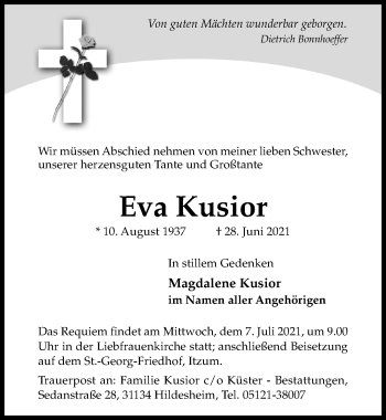Traueranzeige von Eva Kusior von Hildesheimer Allgemeine Zeitung