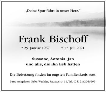 Traueranzeige von Frank Bischoff von Hildesheimer Allgemeine Zeitung