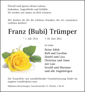Traueranzeige von Franz Trümper von Hildesheimer Allgemeine Zeitung