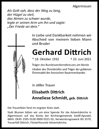 Traueranzeige von Gerhard Dittrich von Hildesheimer Allgemeine Zeitung