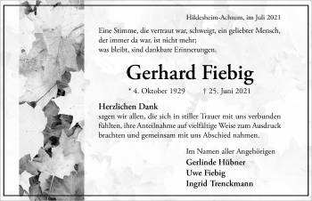 Traueranzeige von Gerhard Fiebig von Hildesheimer Allgemeine Zeitung