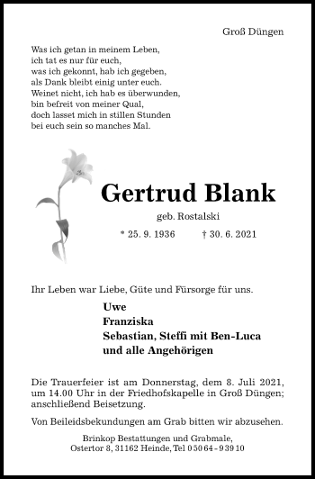 Traueranzeige von Gertrud Blank von Hildesheimer Allgemeine Zeitung