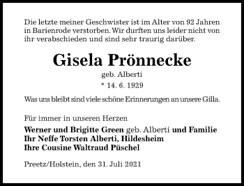 Traueranzeige von Gisela Prönnecke von Hildesheimer Allgemeine Zeitung