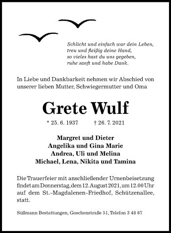 Traueranzeige von Grete Wulf von Hildesheimer Allgemeine Zeitung